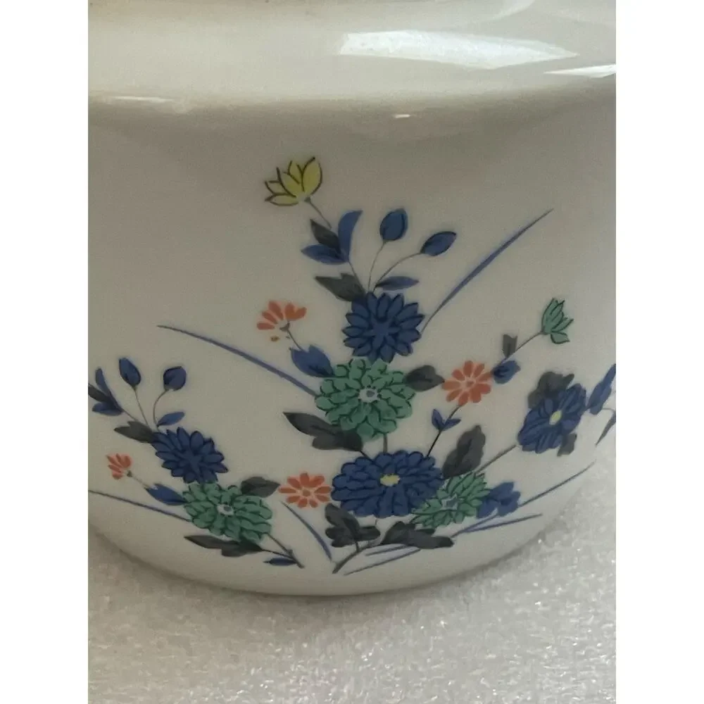Vintage Japan Teapot with Bamboo Handle and 5 Tea Cups Blue Flowers
